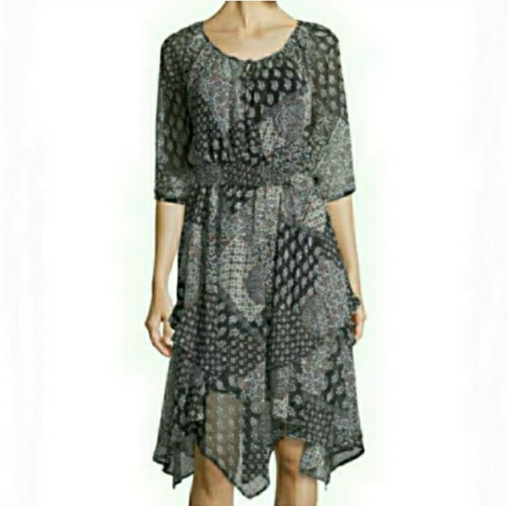Chelsea & Theodore mixed print handkerchief chiffon dress